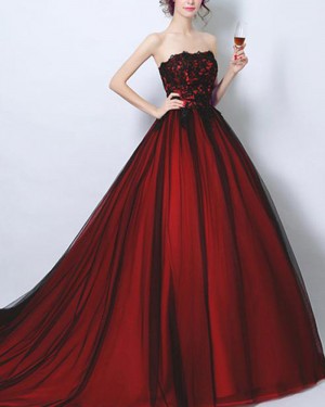 Strapless Burgundy Lace Bodice Ball Gown Evening Dress PM1372