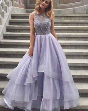 High Neck Long Lace Bodice Lavender Prom Dress with Layered Skirt PM1373