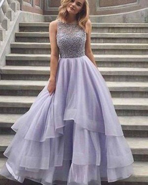 High Neck Long Lace Bodice Lavender Prom Dress with Layered Skirt PM1373