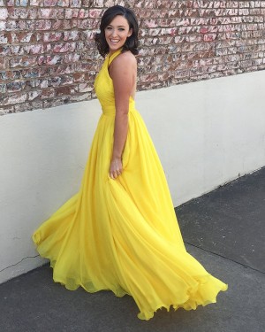 Simple Long Yellow Chiffon Halter Pleated Prom Dress PM1374