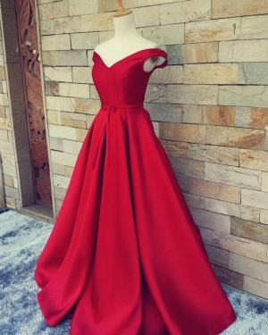 Simple Long Off the Shoulder Burgundy Satin Prom Dress PM1375