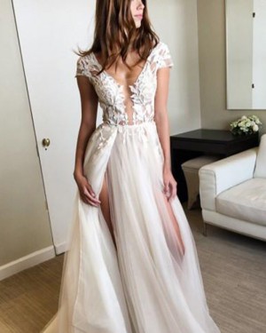 Long Tulle Scoop Lace White Appliqued Prom Dress with Double Slits PM1377