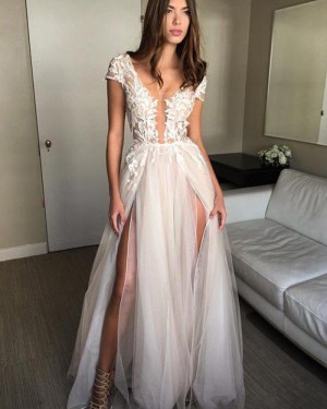 Long Tulle Scoop Lace White Appliqued Prom Dress with Double Slits PM1377