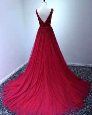 Elegant Long Tulle V-neck Burgundy Beading Prom Dress PM1378