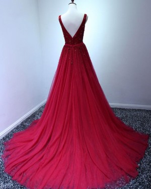 Elegant Long Tulle V-neck Burgundy Beading Prom Dress PM1378