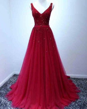 Elegant Long Tulle V-neck Burgundy Beading Prom Dress PM1378