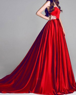 Simple Red Sweetheart Pleated Satin Long Prom Dress PM1381
