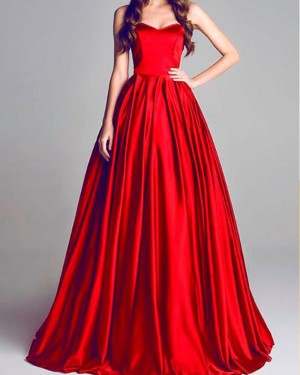 Simple Red Sweetheart Pleated Satin Long Prom Dress PM1381