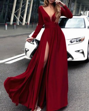 Burgundy Satin Deep V-neck Slit Prom Dress with Long Sleeves PM1385