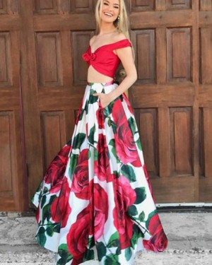 Two Piece Floral Print Off the Shoulder Prom Dress PM1386