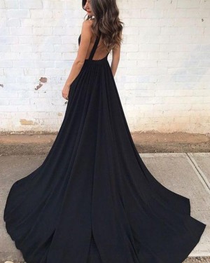 Black Deep V-neck Satin Pleated Prom Dress with Pockets PM1388