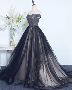 Black Off the Shoulder Ruched Tulle Ball Gown Evening Dress PM1390