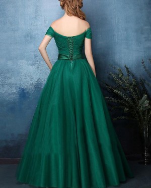 Green Ruched Off the Shoulder Tulle Long Prom Dress PM1393
