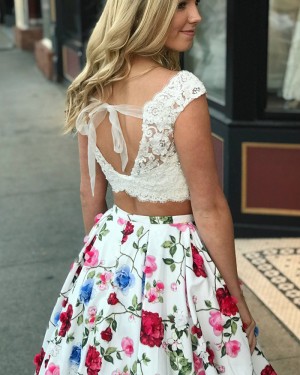 Two Piece Floral Print Off the Shoulder Lace Bodice Prom Dress with Pockets PM1395