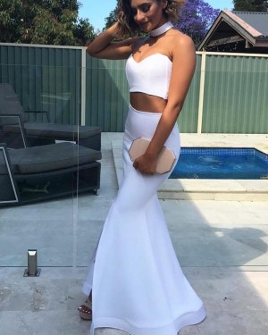 White Two Piece Satin Sweetheart Mermaid Prom Dress with Side Slit PM1396