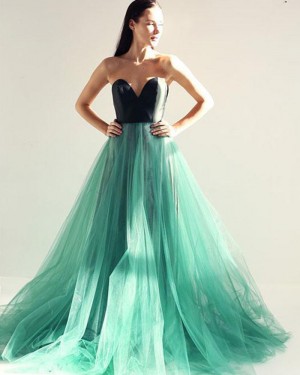 Sweetheart Long Black and Green Tulle Prom Dress with Open Back PM1399