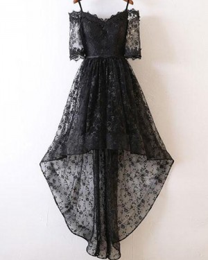 Cold Shoulder High Low Black Lace Prom Dress with Half Length Sleeves PM1400