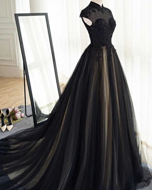 Long Black Tulle High Neck Appliqued Evening Dress PM1401