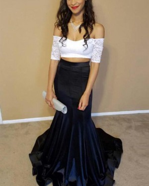 White & Navy Lace Bodice Off the Shoulder Mermaid Prom Dress PM1402