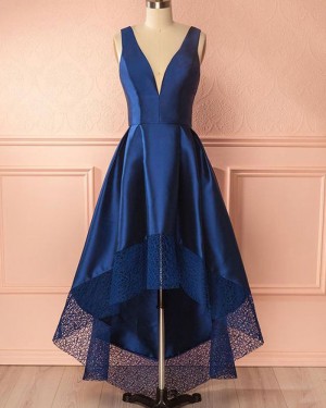 High Low Deep V-neck Royal Blue Prom Dress with Lace Hem PM1403