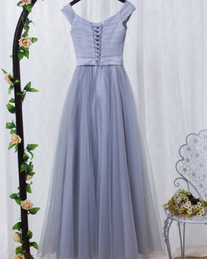 Off the Shoulder Dusty Blue Ruched Tulle Bridesmaid Dress PM1404