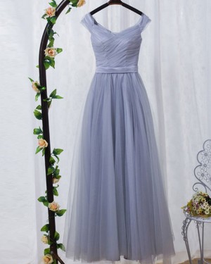 Off the Shoulder Dusty Blue Ruched Tulle Bridesmaid Dress PM1404