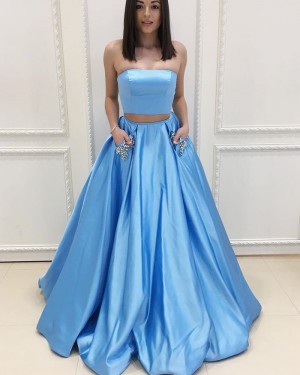 Two Piece Satin Strapless Sky Blue Prom Dress with Beading Pockets PM1405