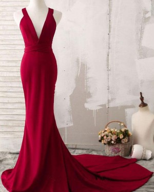 Simple Long Red Convertible Satin Mermaid Evening Dress PM1407