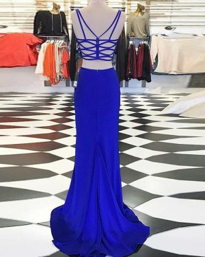 Royal Blue Two Piece Double Spaghetti Straps Satin Prom Dress with Side Slit PM1410