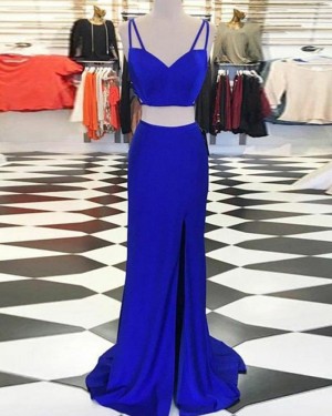 Royal Blue Two Piece Double Spaghetti Straps Satin Prom Dress with Side Slit PM1410
