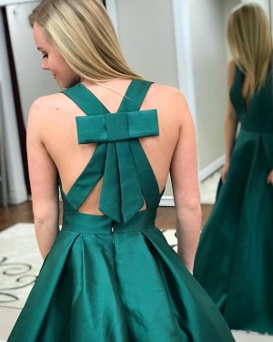 Simple Long Satin Deep V-neck Green Prom Dress with Pockets PM1411