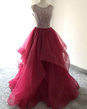 Burgundy Ruffled Beading Bodice Ball Gown Prom Dress PM1412