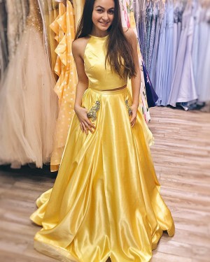 Simple Yellow Satin Two Piece Prom Dress with Beading Pockets PM1414