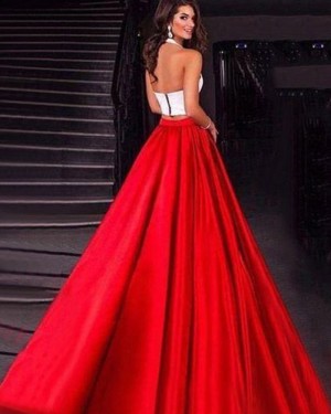 Simple White & Red Satin Halter Two Piece Prom Dress with Pockets PM1418