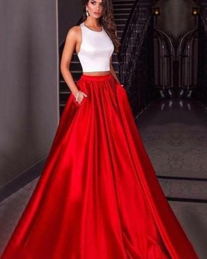 Simple White & Red Satin Halter Two Piece Prom Dress with Pockets PM1418