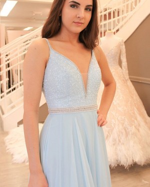 Long Sky Blue Beading Bodice Spaghetti Straps Tulle Prom Dress PM1420