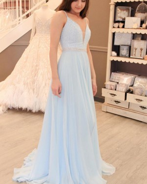 Long Sky Blue Beading Bodice Spaghetti Straps Tulle Prom Dress PM1420