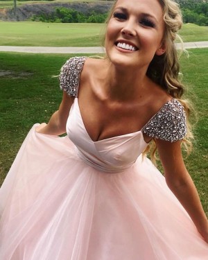 Simple Ruched Tulle V-neck Ball Gown Prom Dress with Beading Caps PM1421