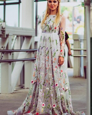 Embroidery Pleated Jewel Floral Formal Dress with Long Sleeves PM1427