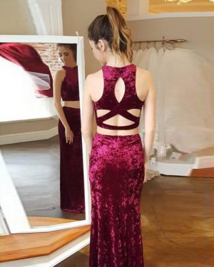 Two Piece Mermaid Halter Burgundy Velvet Prom Dress with Side Slit PM1428