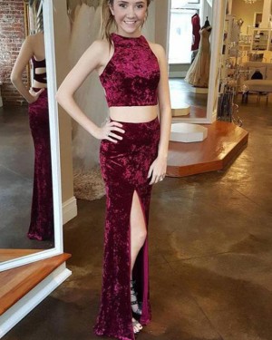 Two Piece Mermaid Halter Burgundy Velvet Prom Dress with Side Slit PM1428