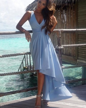 Simple High Low Satin V-neck Blue Pleated Prom Dress PM1431