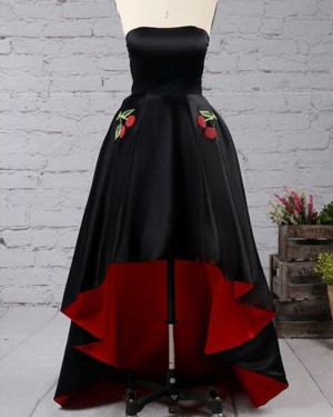 High Low Black and Red Strapless Pleated Prom Dress with Appliqued Pockets PM1434