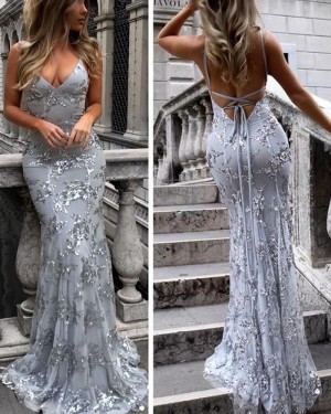 Dusty Blue Spaghetti Straps Sequined Mermaid Prom Dress PM1435