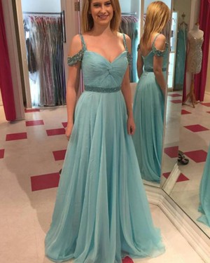 Simple Teal Tulle Cold Shoulder Beading Prom Dress PM1441