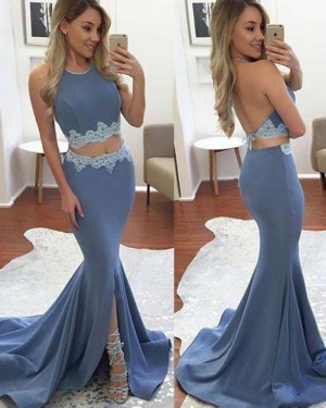 Halter Mermaid Blue Two Piece Appliqued Prom Dress with Slit PM1444