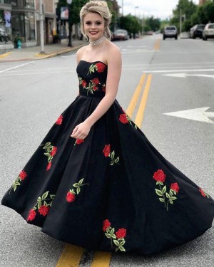 Elegant Floral Print Strapless Satin Black Prom Dress PM1450