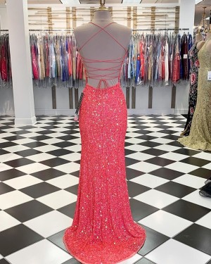 Coral Pink Spaghetti Straps Sequin Mermaid Prom Dress with Slit PM1804