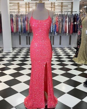 Coral Pink Spaghetti Straps Sequin Mermaid Prom Dress with Slit PM1804