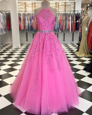 Blush Pink Halter Lace Applique Tulle Prom Dress with Beading Belt PM1805